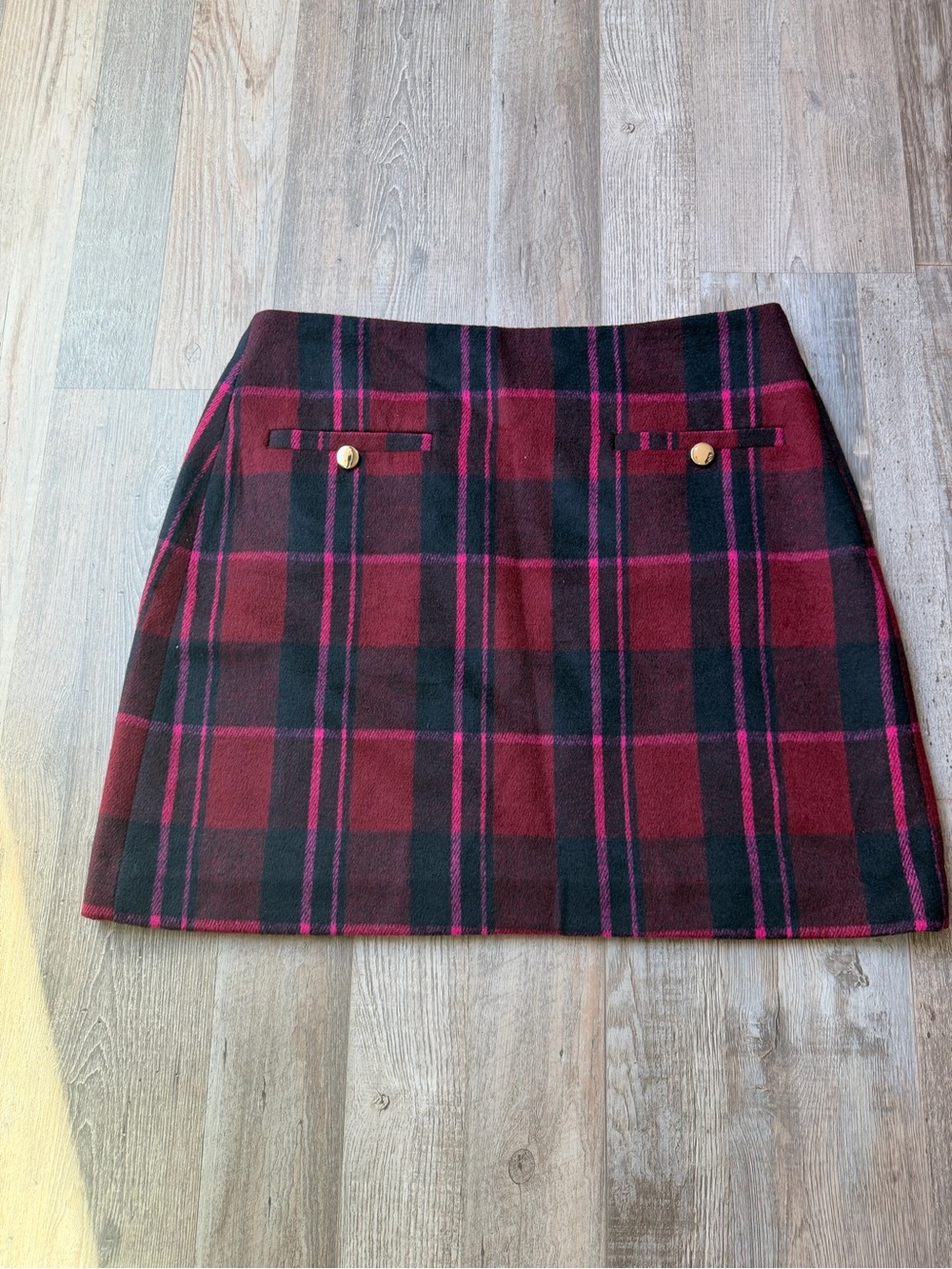 LOFT Burgundy and Black Plaid Mini Skirt with Fuchsia Accents
